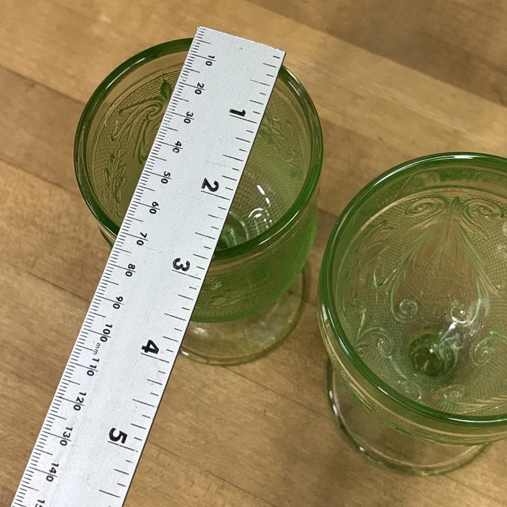 Vintage Tiara Indiana Glass Green Goblets Set of 2 Floral Pressed Glass Mixed